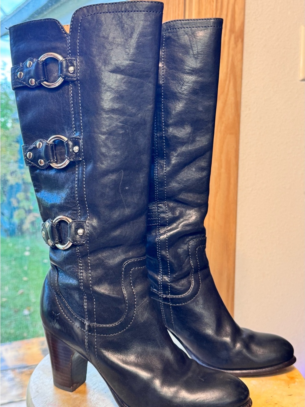 Frye Fiona 3 Strap Black Leather Tall Boots Size 7M Harness Boots